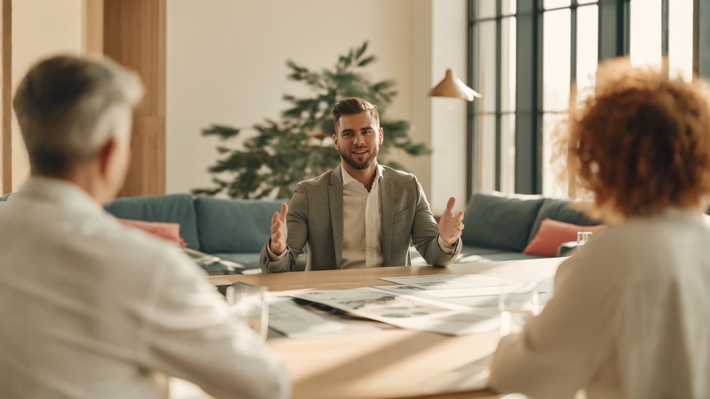 An advisor talking with clients across a conference table