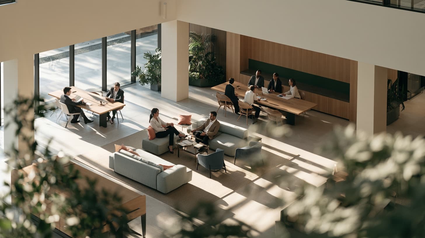 Advisors and clients meeting in a sunlit, open-plan office, seen from above