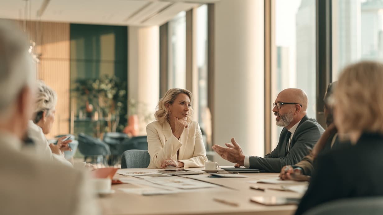 A client and an advisor in conversation at a boardroom table